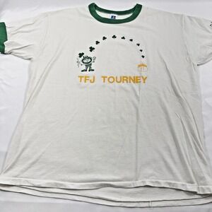 Vintge White Green Trim Single Stitch Irish Leprechaun Tourney Shirt Size‎ L